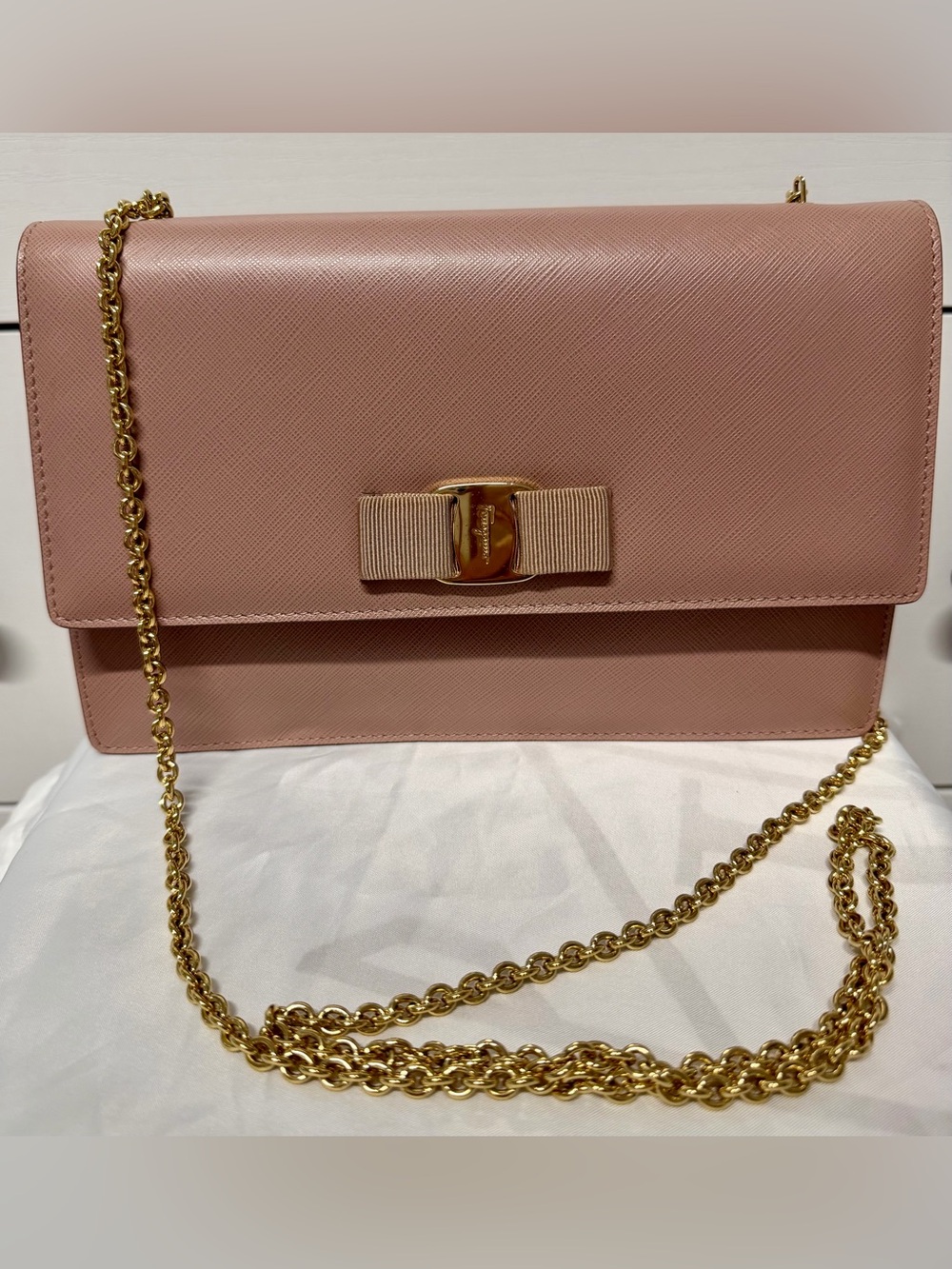 Salvatore Ferragamo Pink Saffiano Leather Crossbody with Vara Bow and Gold Chain